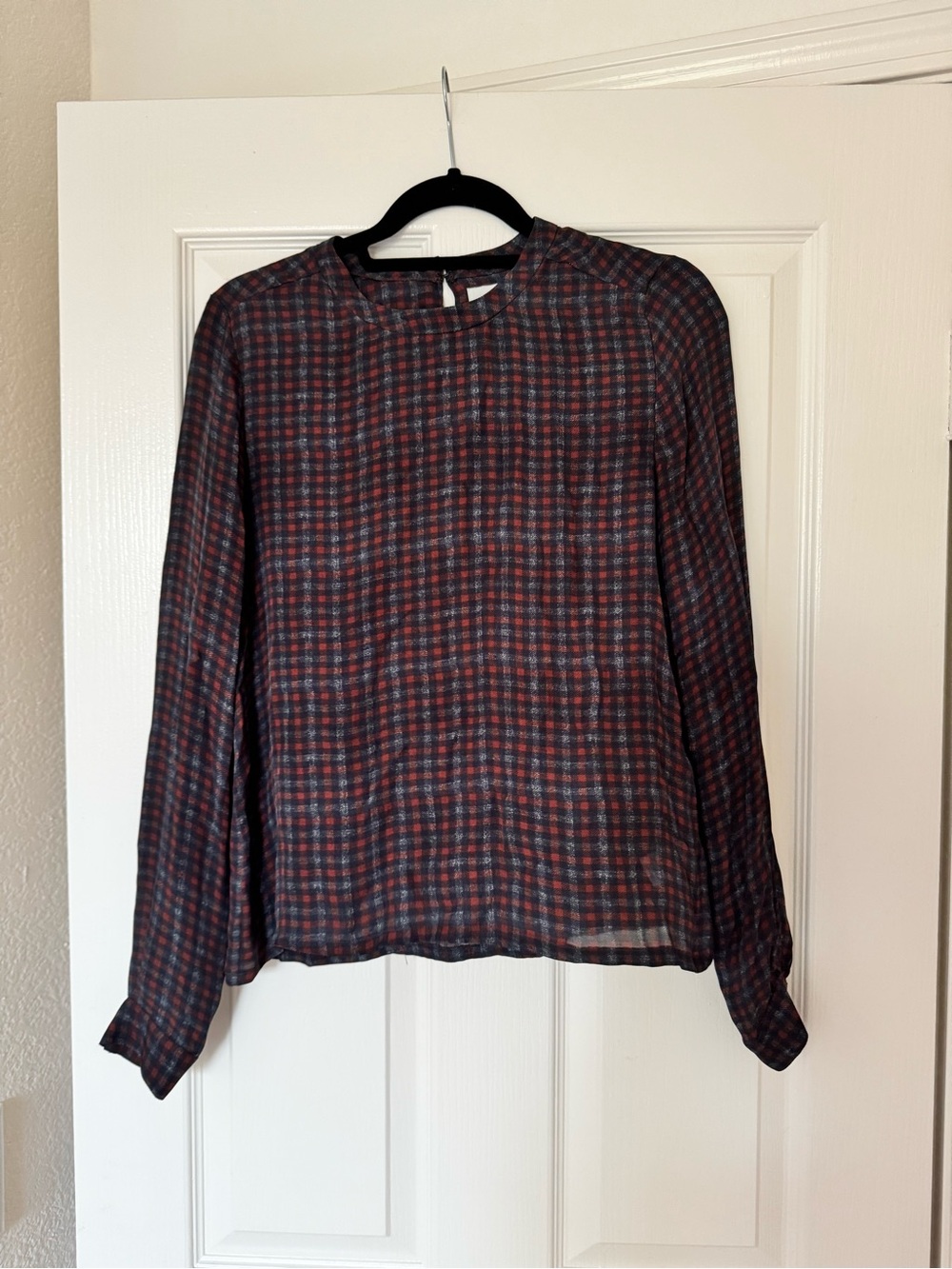 ALC washable silk Women's Long-Sleeve Plaid Blouse - Red Navy. Size xs.